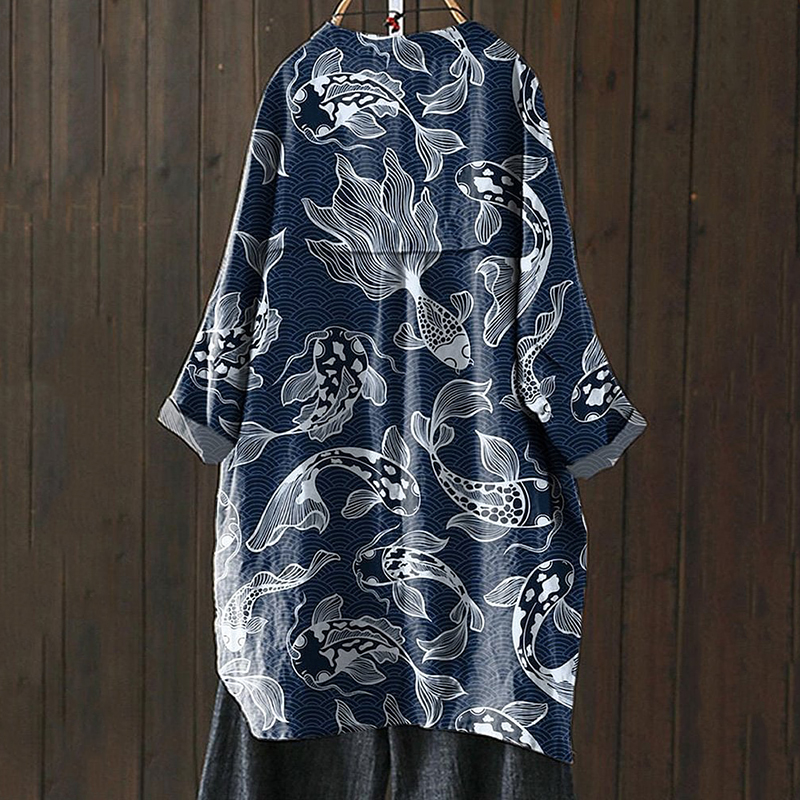 Japanese Style Koi Fish Print Casual Cardigan