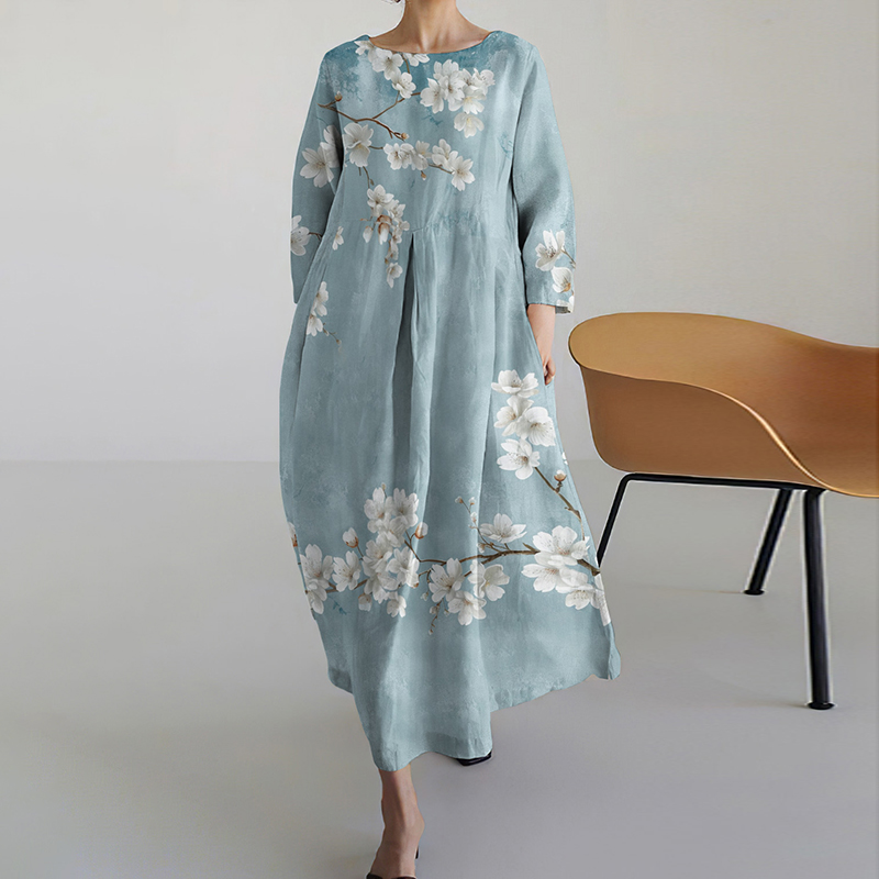 Women's Loose Blossom Printed Cotton Linen Crew Neck Maxi Dress