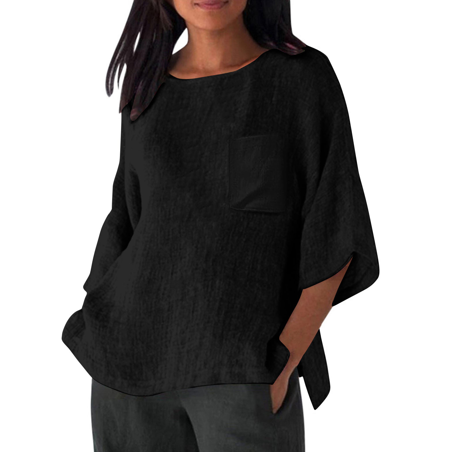 3/4 Sleeved Round Neck Pocket Loose Casual Shirt