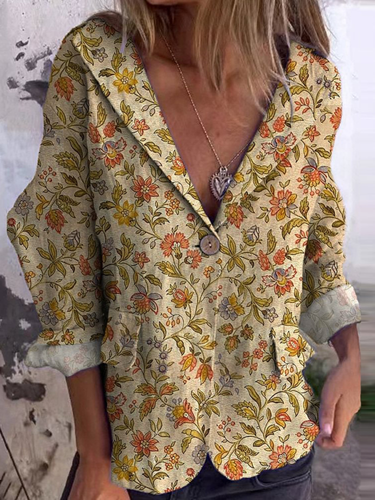 Retro Floral Print Casual Blazer