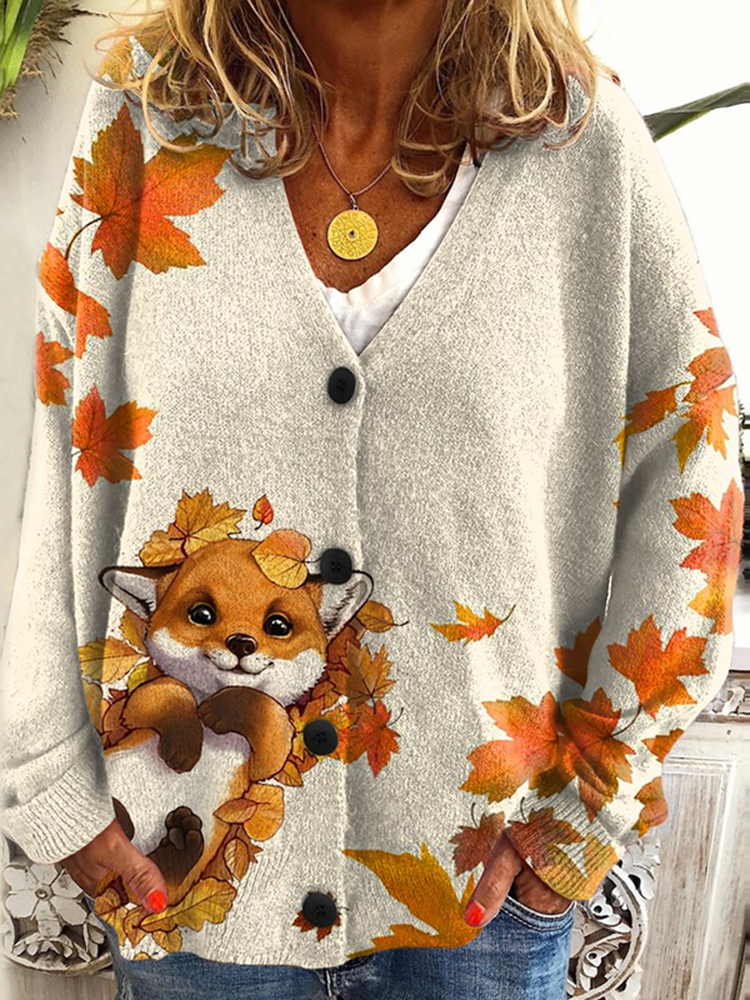 Vintage Falling Autumn Maple Leaves Cute Fox Casual Print Women's Cardigan Sweater