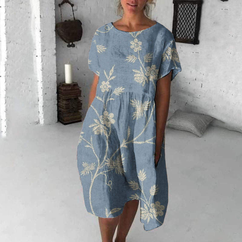 Women'S Retro Floral Print Cotton Linen Round Neck Midi Dress