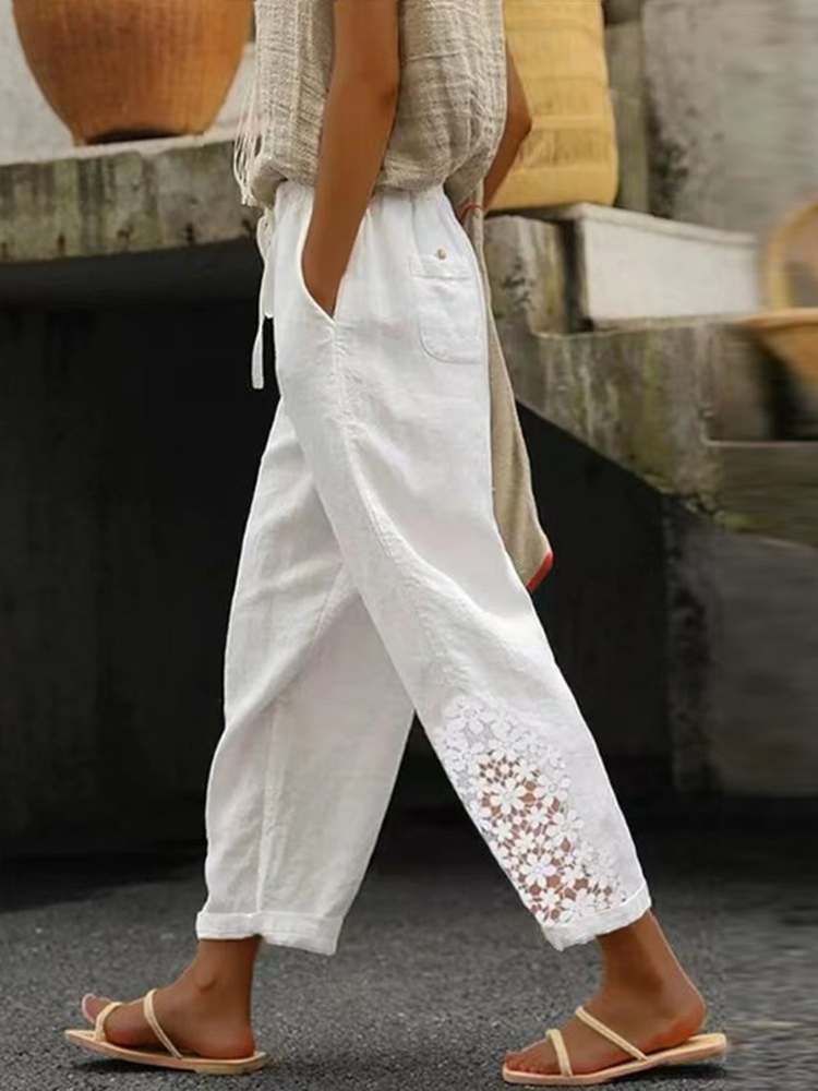 Retro Floral Lace Linen Blend Cozy Women's Pants