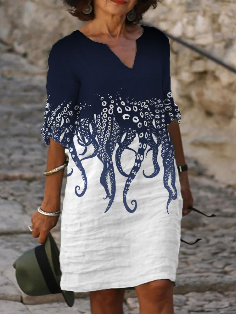 Japanese Art Ocean Octopus Print Cotton Blend Dress