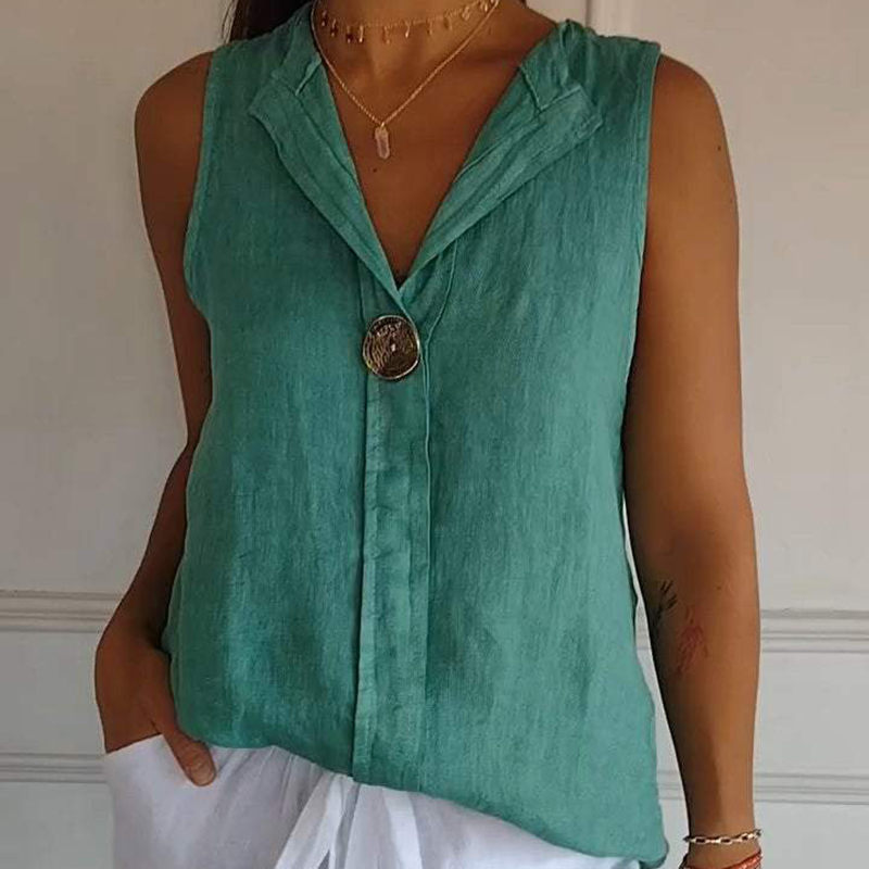 Casual cotton and linen sleeveless button v-neck top