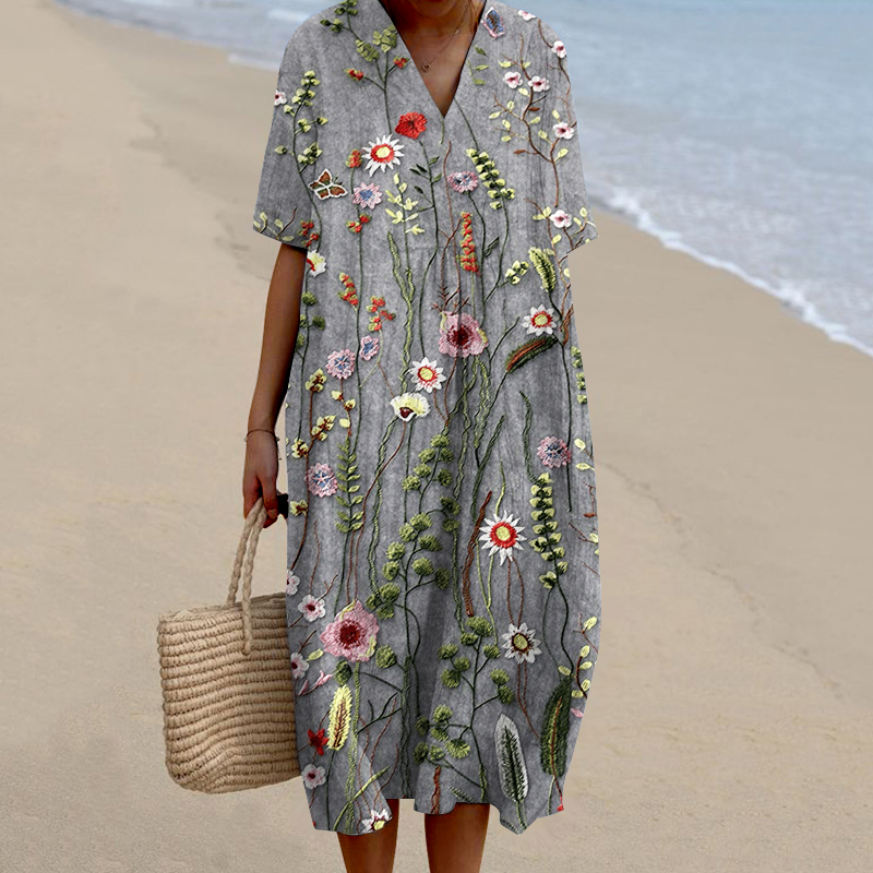 Vintage Floral Embroidery Design Printed V Neck Casual Midi Dress