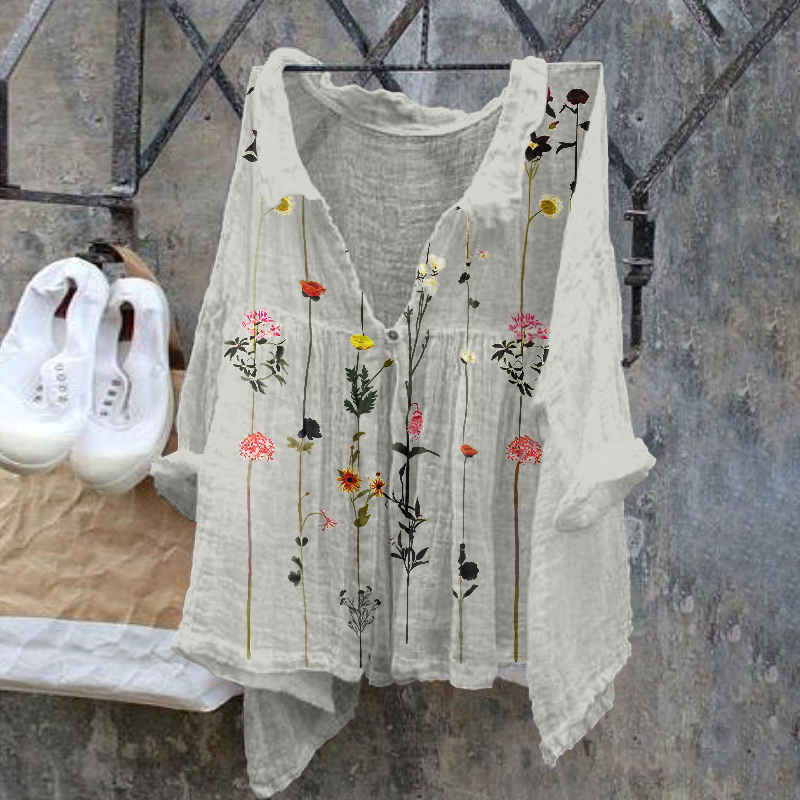 Floral Pattern Ladies Casual Floral Print Cotton Linen  Shirt