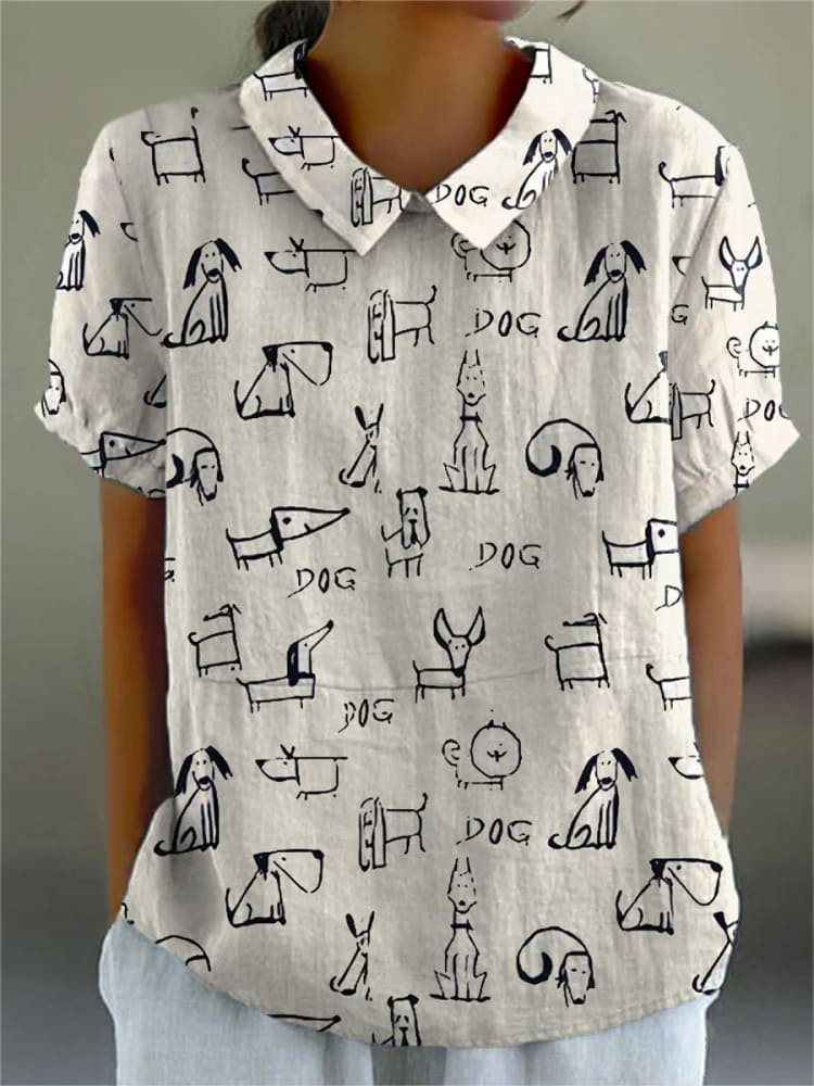 Women's Cute Dog Print Casual Cotton And Linen Shirt