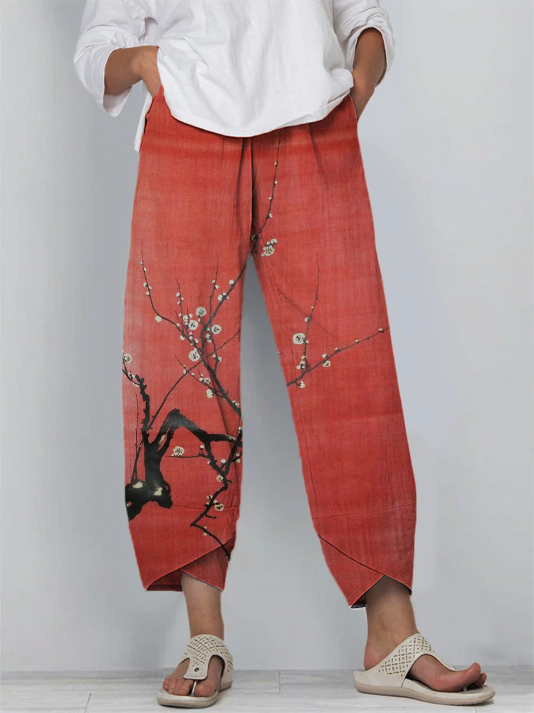 Simple Plum Blossom Japanese Art Linen Blend Cropped Pants