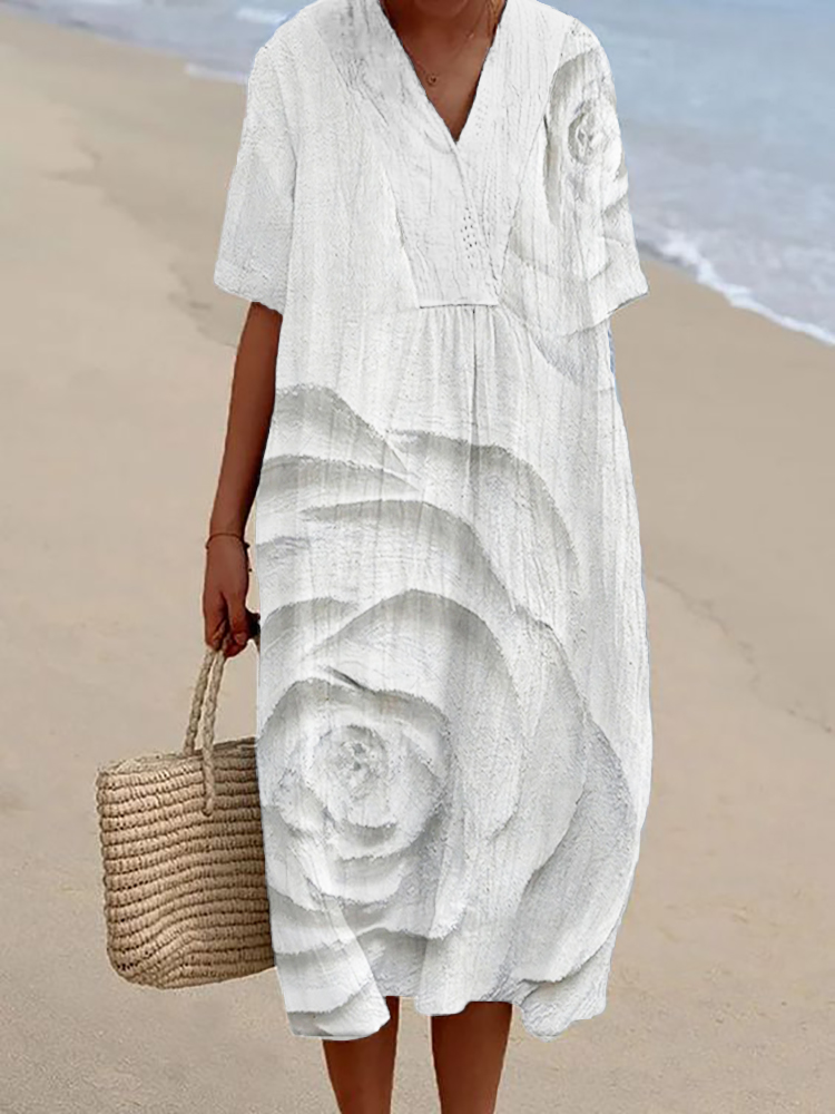 Classy Roses Relief Art Linen Blend Flowy Dress