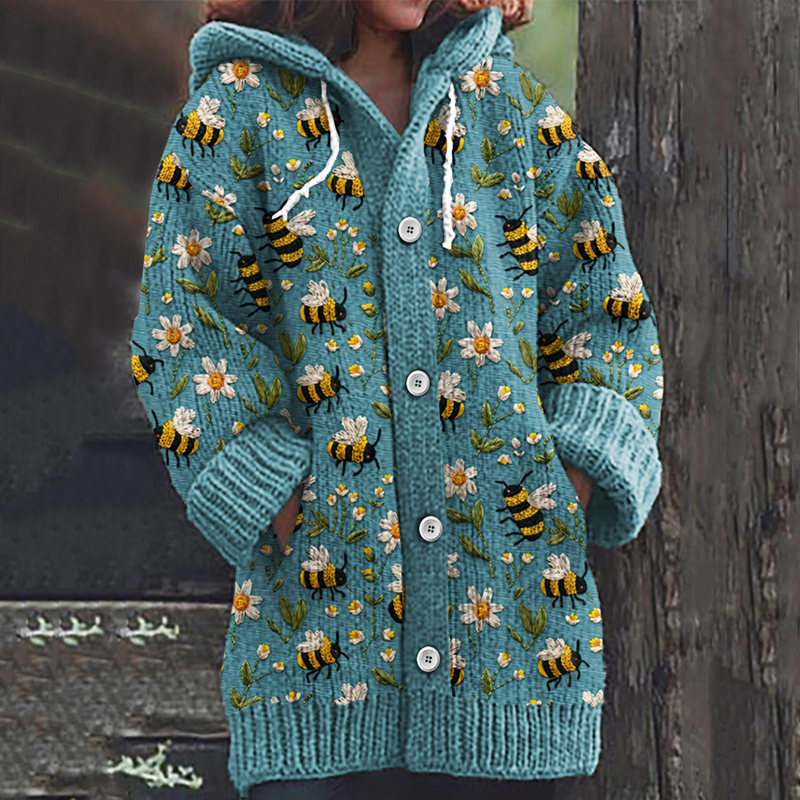 Daisy Bee Print Long Sleeve Knitted Hooded Cardigan