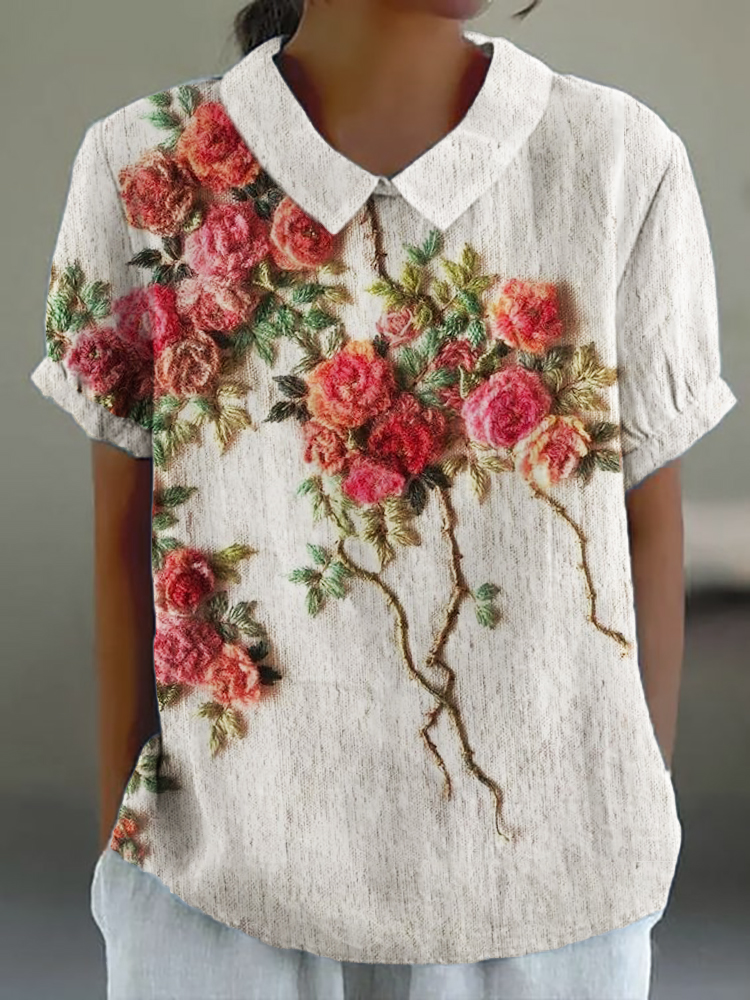 Vintage Roses Vines 3D Embroidered Linen Blend Tunic
