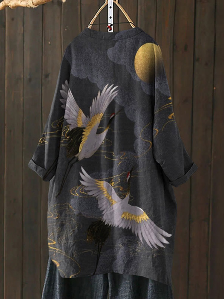 Japanese Cranes Flight To Golden Moon Art Print Cardigan