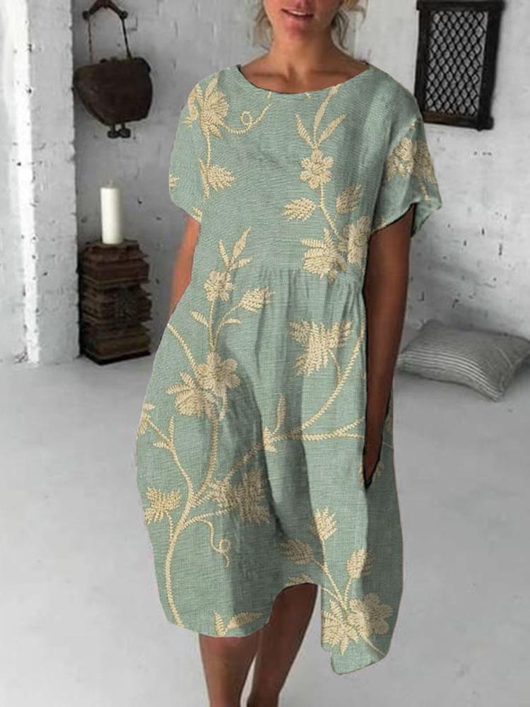 Women'S Retro Floral Print Cotton Linen Round Neck Midi Dress