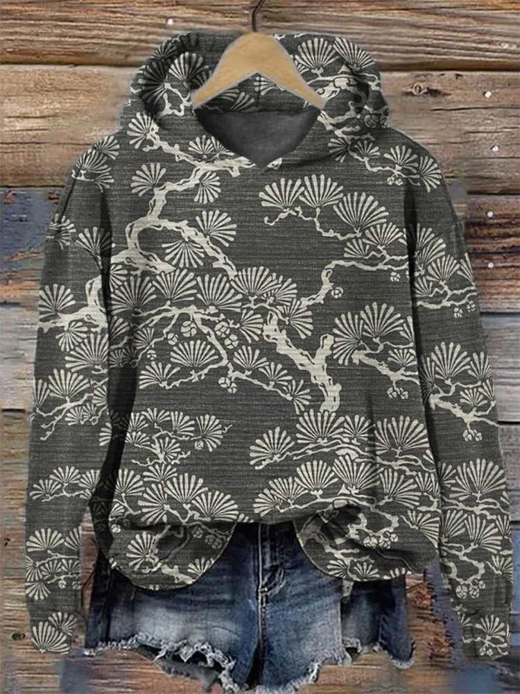 Pine Trees Japanese Lino Art Vintage Hoodie