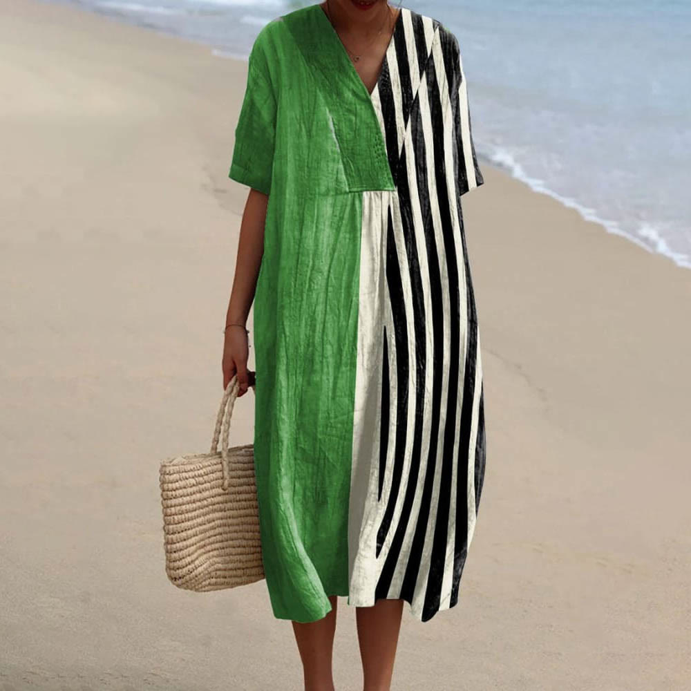 Striped Print V-Neck Loose Midi Dress