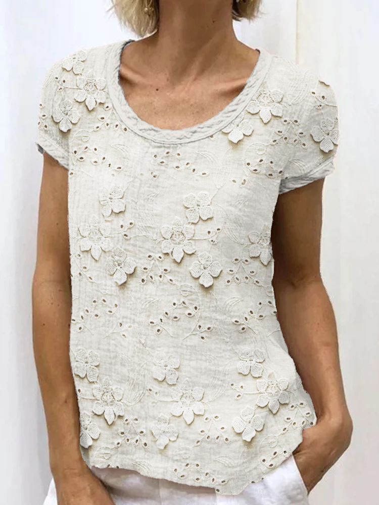 3D Floral Embroidered Lace Linen Blend Tunic