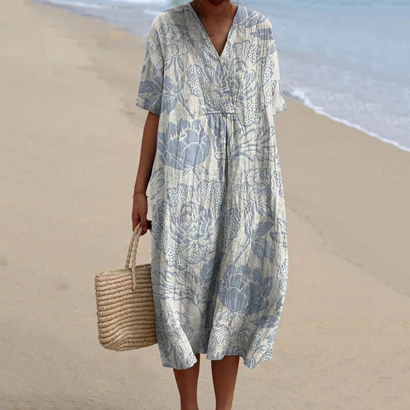 Vintage Floral Art Print V-Neck Cotton Linen Dress