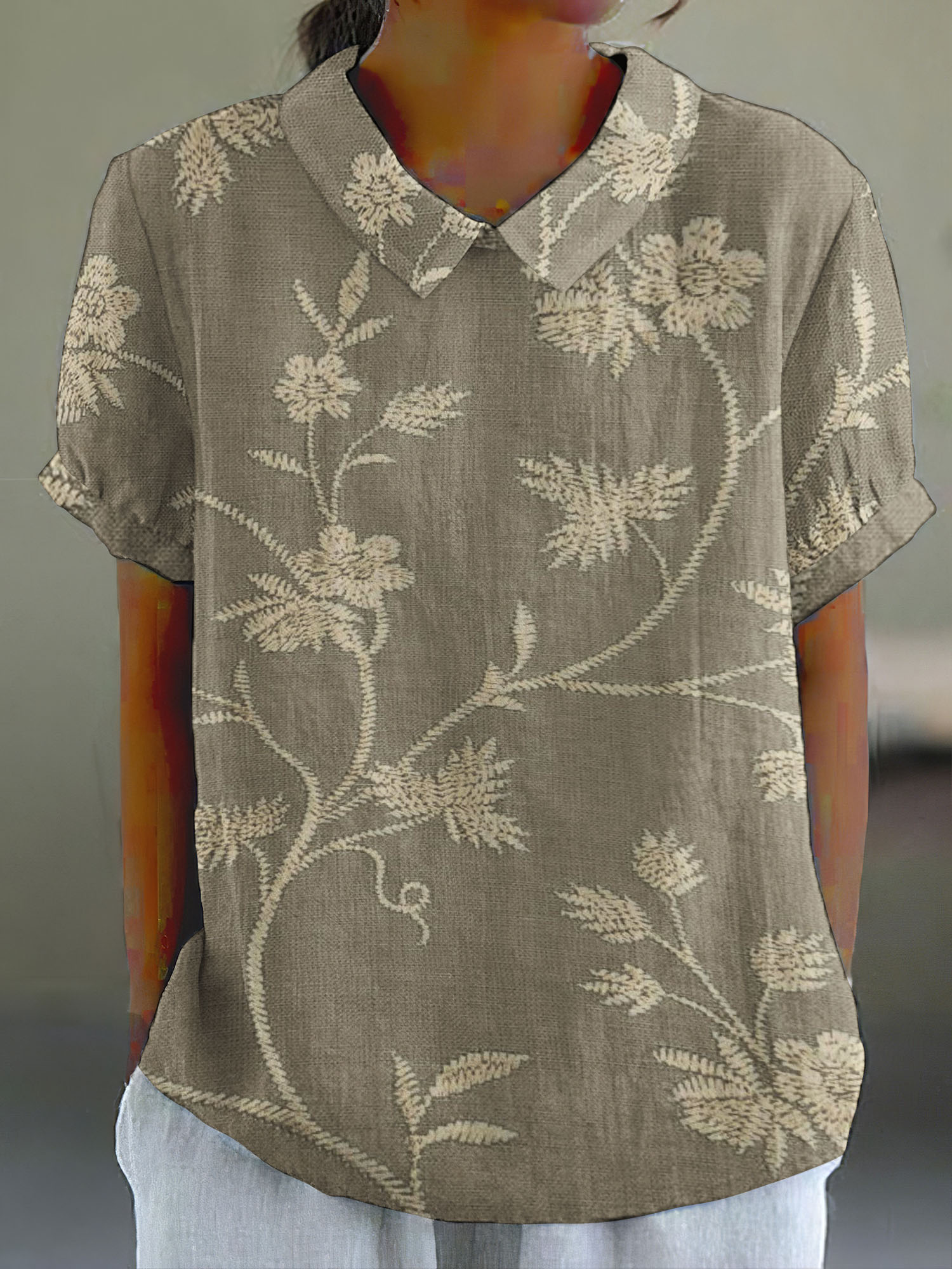 Women'S Retro Floral Art Print Casual Cotton Linen Shirt