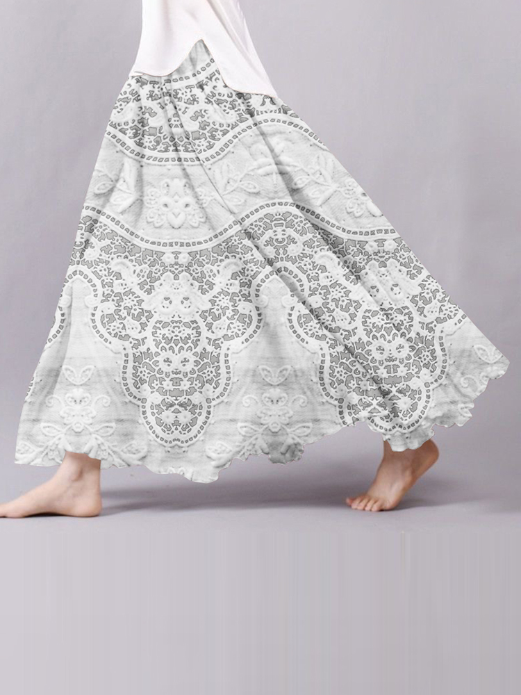 Women's Vintage Floral Lace Embroidered Linen Blend Skirt