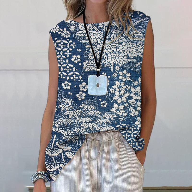 Vintage Japanese Art Flower Print Sleeveless Tank Top