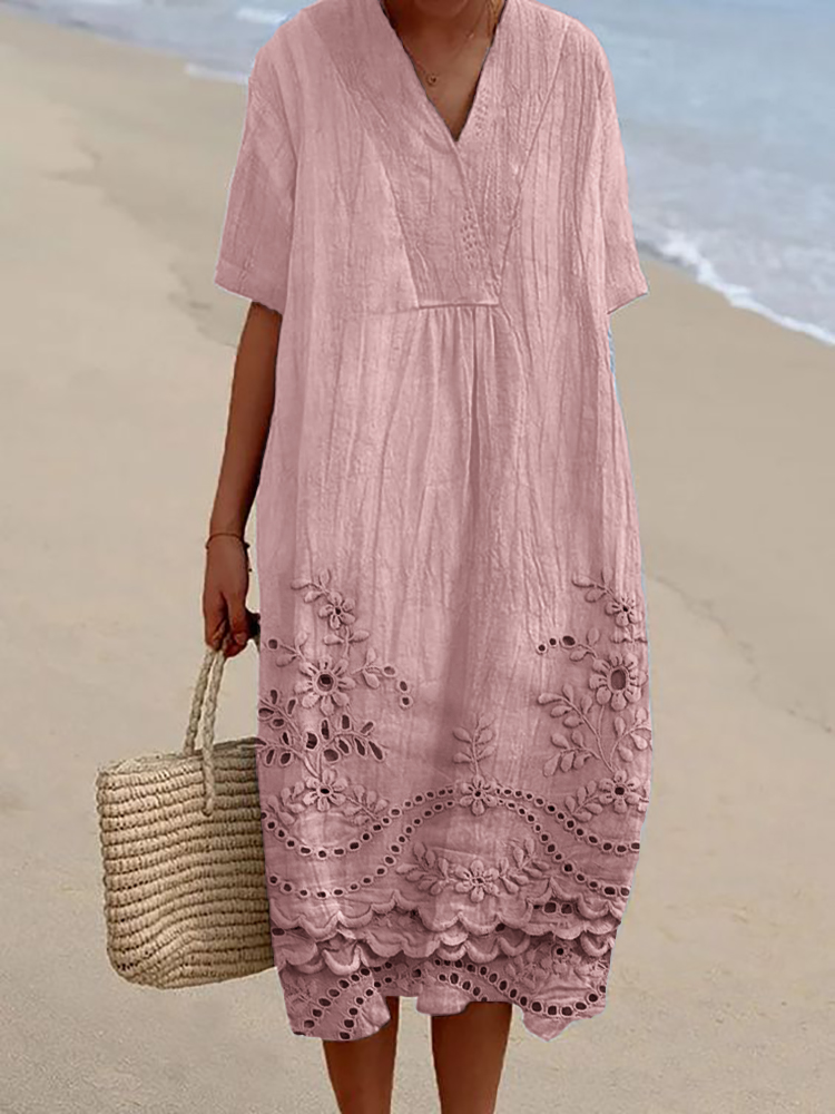 Cottage Floral Embroidered Lace Hem Linen Blend Flowy Dress