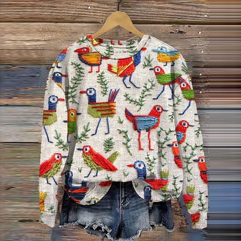 Birds Boho Embroidery Art Print Sweatshirt