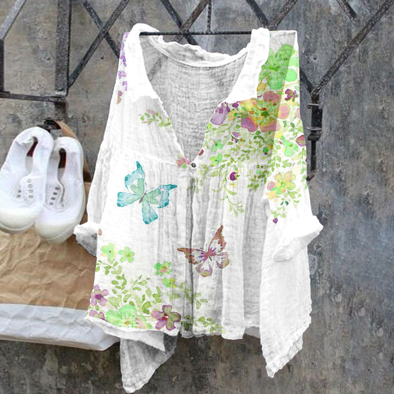 Butterfly Retro Cotton Linen Casual Floral Print Cotton Linen  Shirt