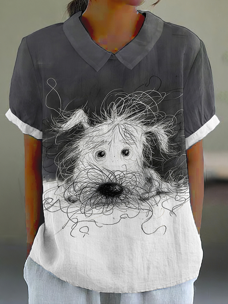 Cute Dog Scrawled Puppy Art Print Casual Cotton And Linen Shirt