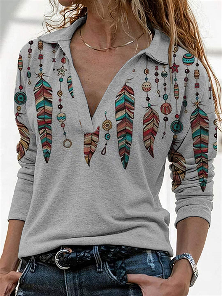 Western Ethnic Feathers V Neck T Shirt