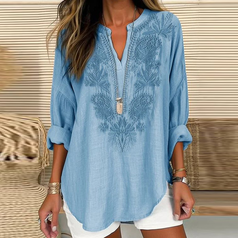 Embroidered Art Flower Print V-Neck Long Sleeve Blouse