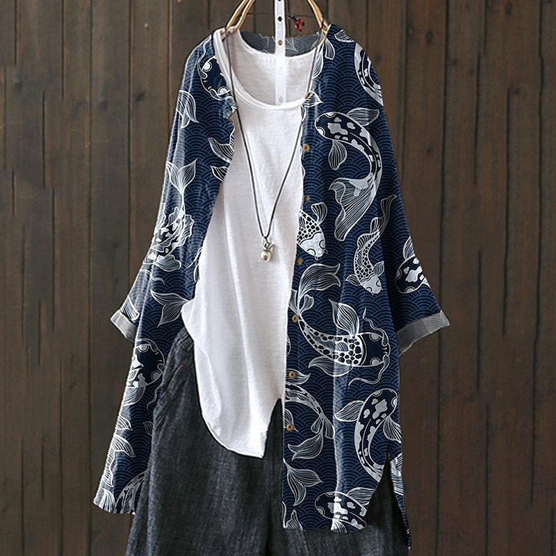 Japanese Style Koi Fish Print Casual Cardigan