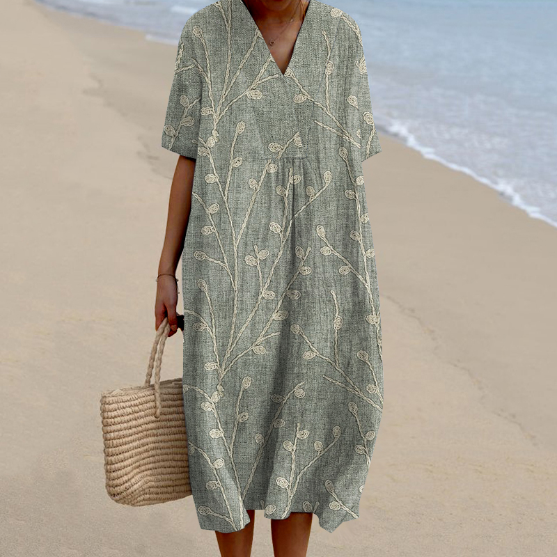 Vintage Embroidery Floral Print V-Neck Loose Midi Dress