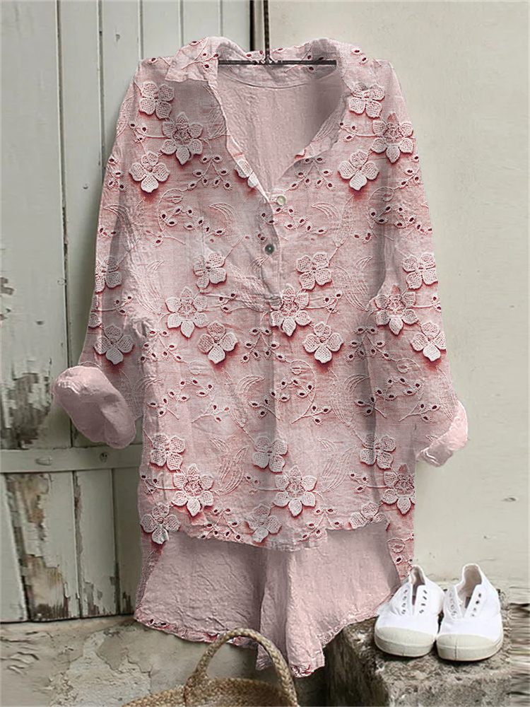 3D Floral Embroidered Lace Linen Blend Tunic