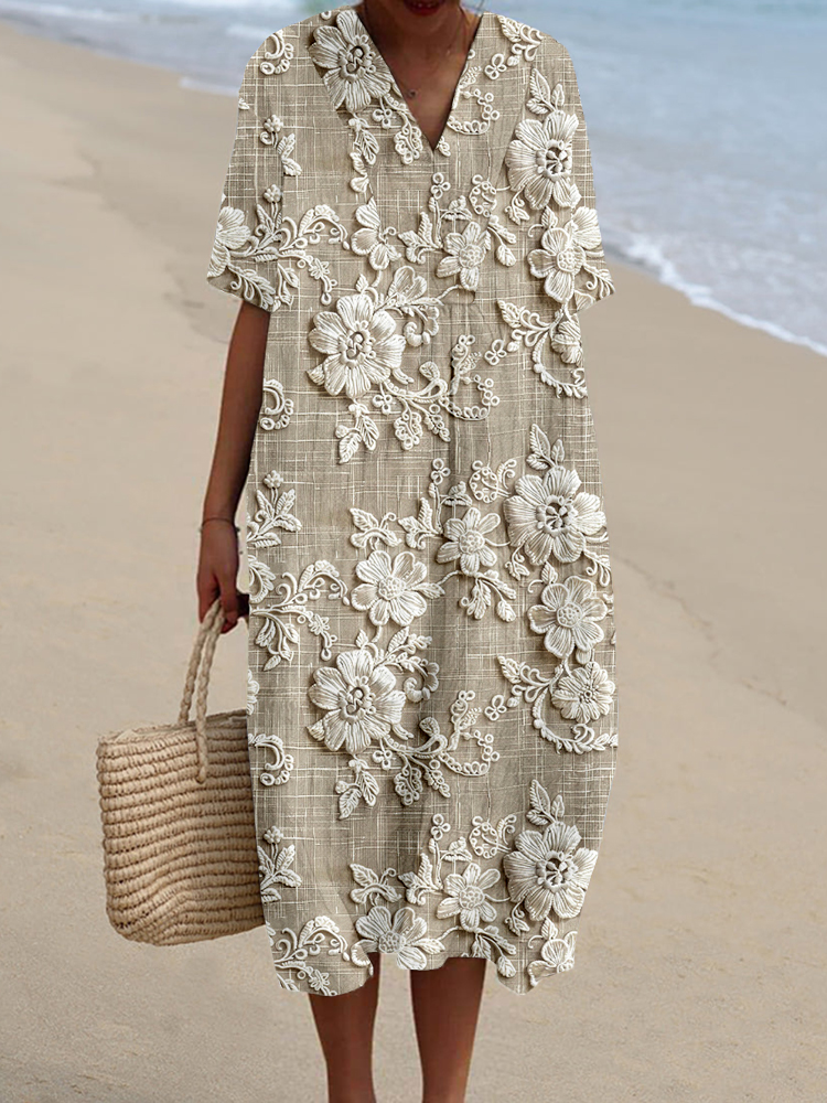 Vintage Floral Lace Embroidered V Neck Linen Blend Midi Dress