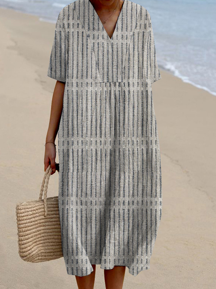 Women Vintage Stripes Casual V Neck Short Sleeve Midi Dress