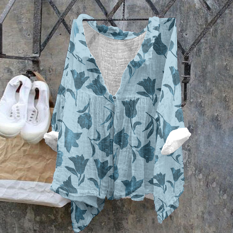 Ladies Floral Pattern Casual Cotton Linen Shirt