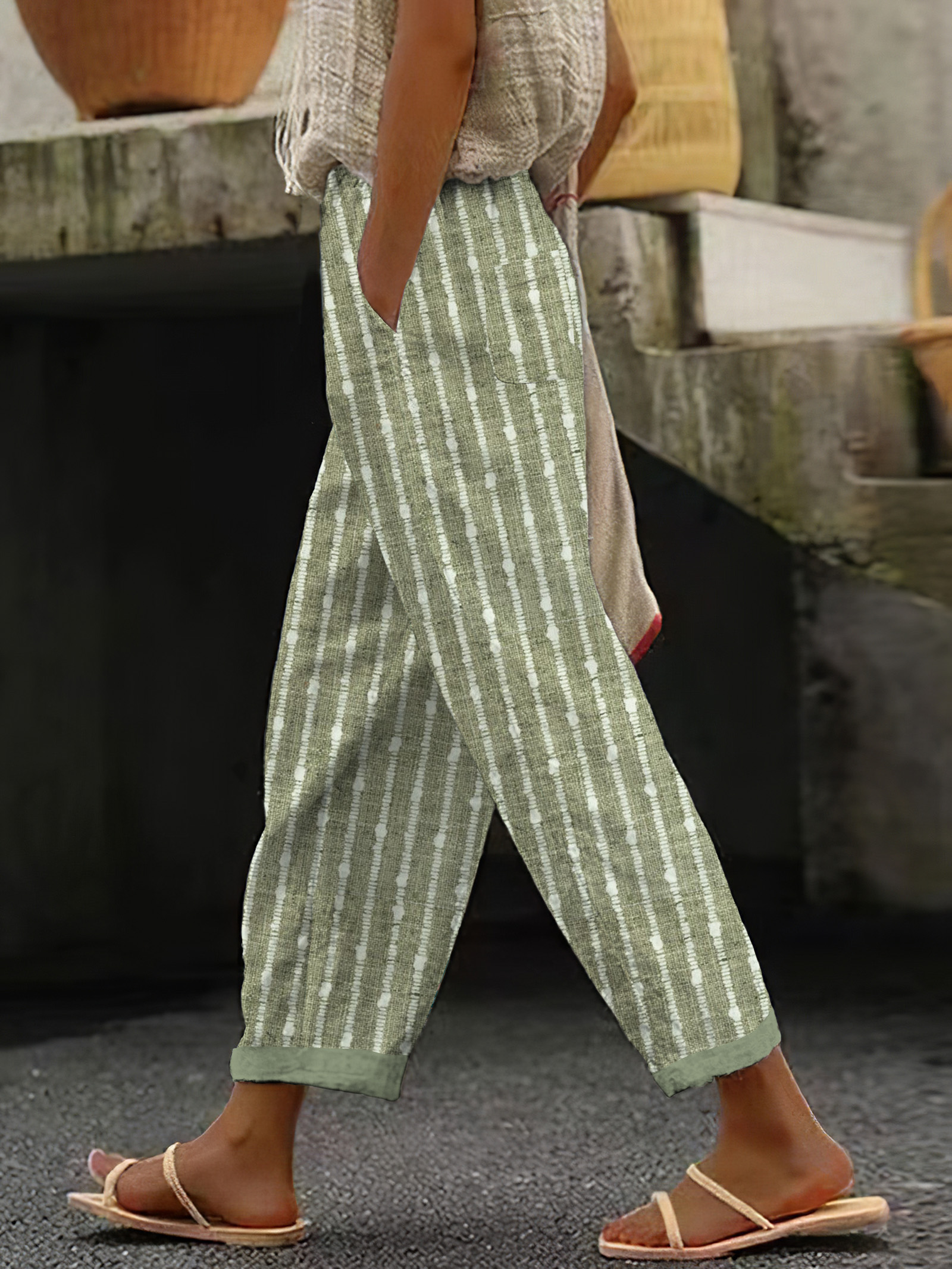 Women Vintage Stripes Printed Casual Pocket Pants