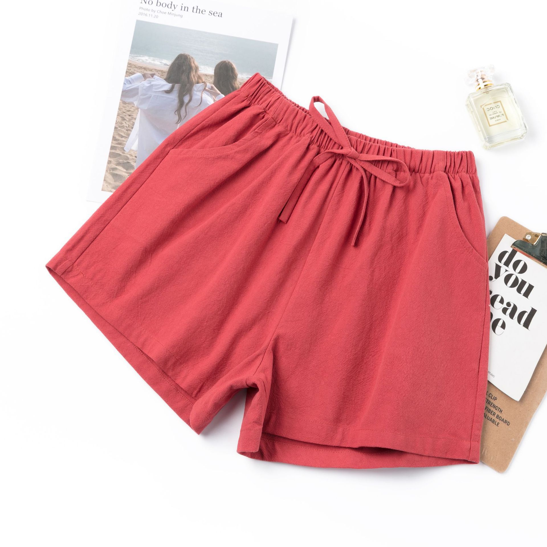Women's Elastic Waist Pocket Linen Casual Short Pants