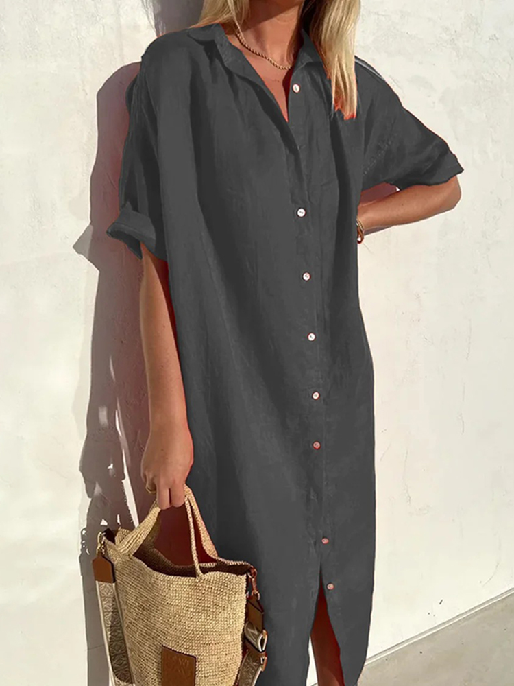 Button Down Comfy Linen Cotton Midi Dress