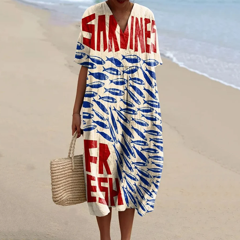 Vintage Fish Sardines Art Pattern Printed Women's Flowy Dress