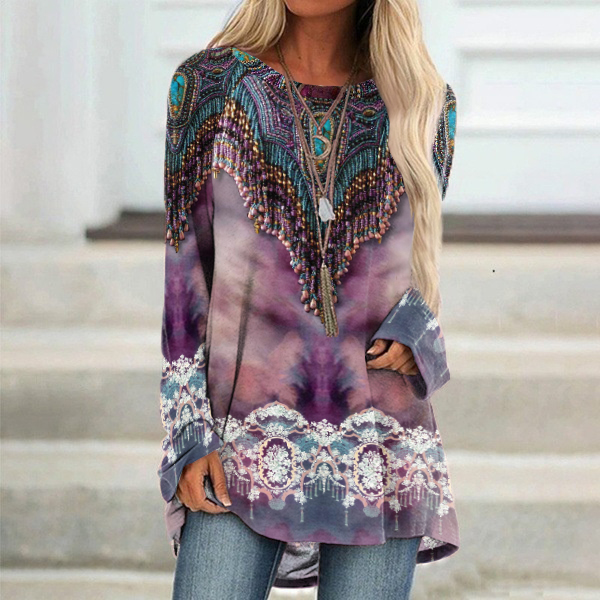 Western Print Round Neck Long Sleeve Casual Tunic