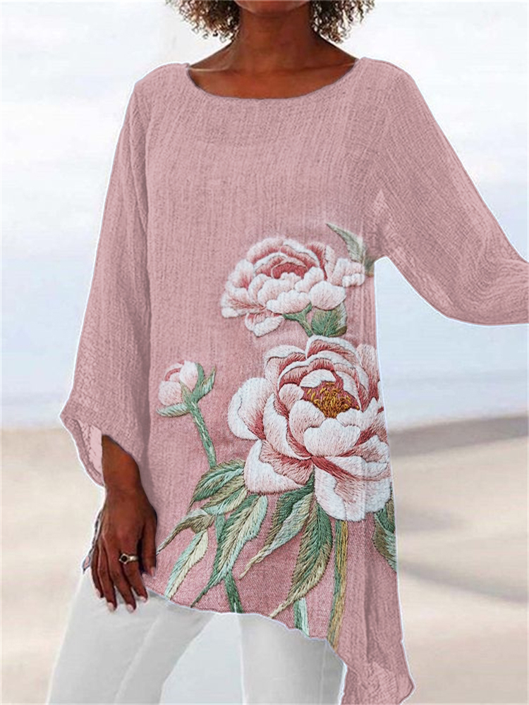Classy Flowers Embroidered Linen Blend Flowy Tunic
