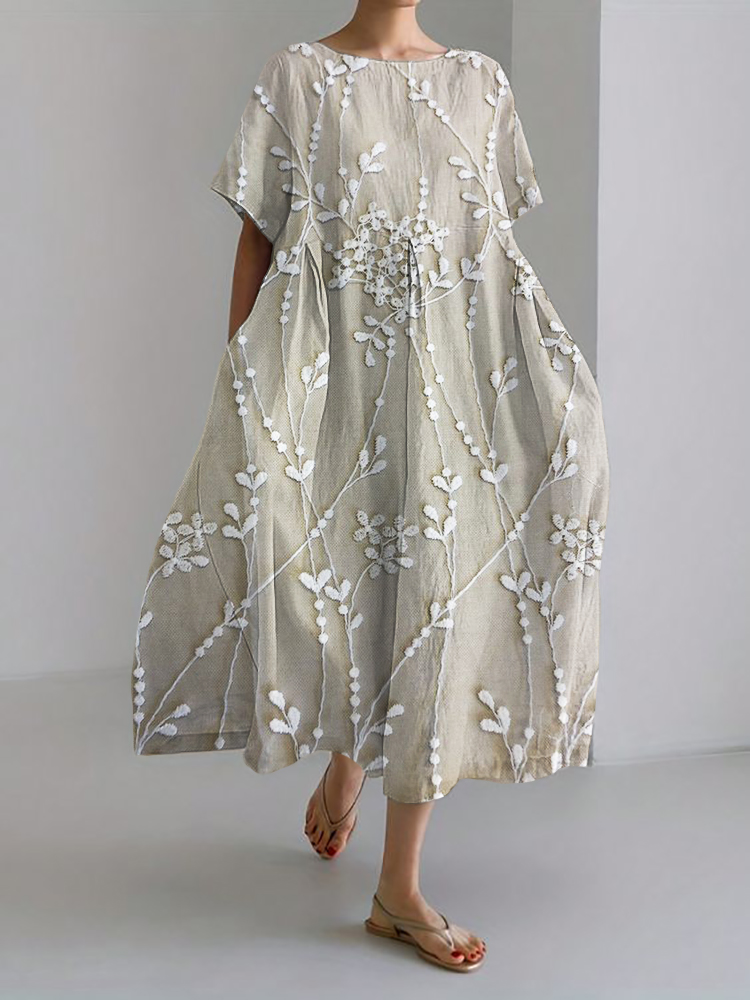 Classy Floral Lace Embroidered Linen Blend Maxi Dress
