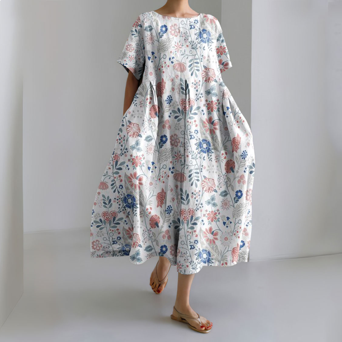Women's Pastoral Floral Art Print Casual Cotton Linen Midi Dress