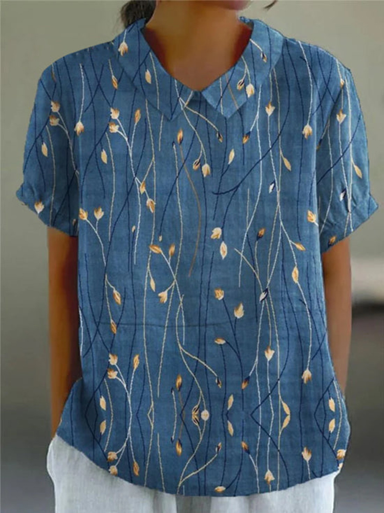Retro Floral Embroidery Art Short Sleeve Lapel Shirt