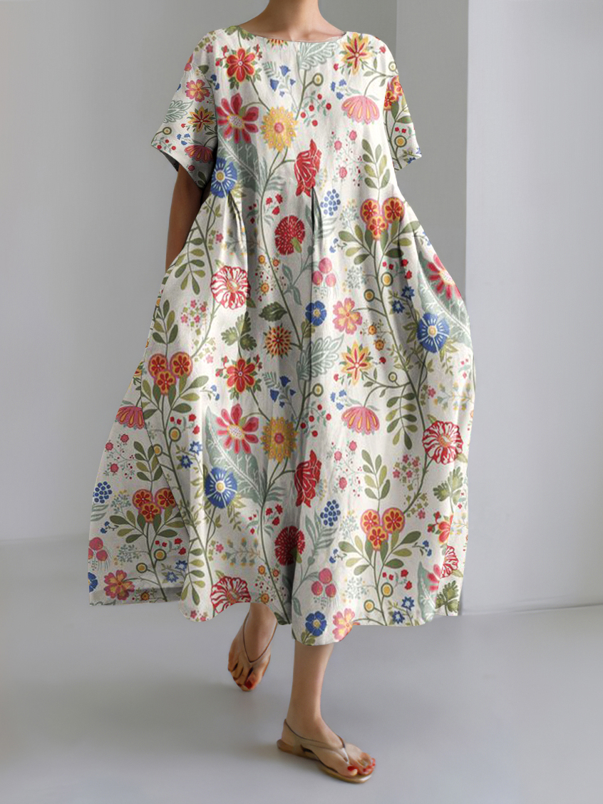 Women's Pastoral Floral Art Print Casual Cotton Linen Midi Dress