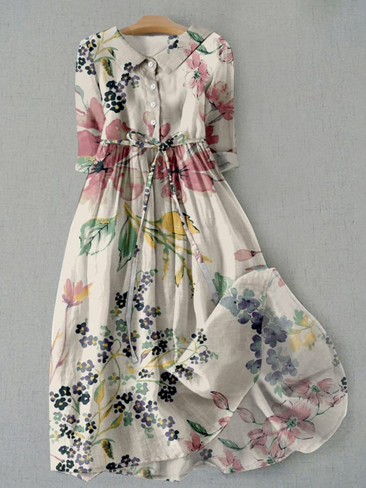 Elegant Japanese Art Floral Print Lace-up Casual Midi Dress