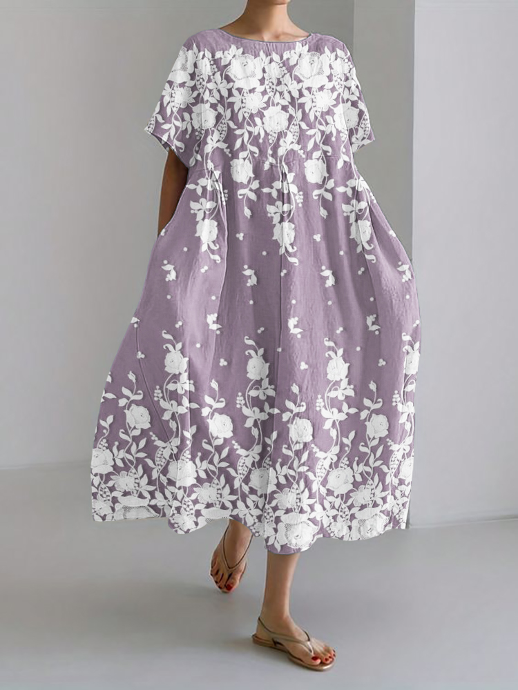 Classy Roses Floral Lace Linen Blend Maxi Dress