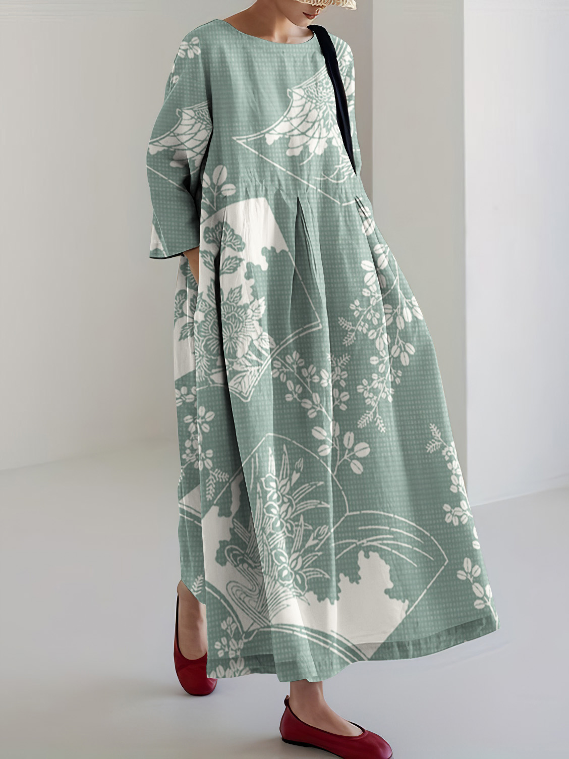Japanese Art Floral Print Linen Blend Loose Midi Dress